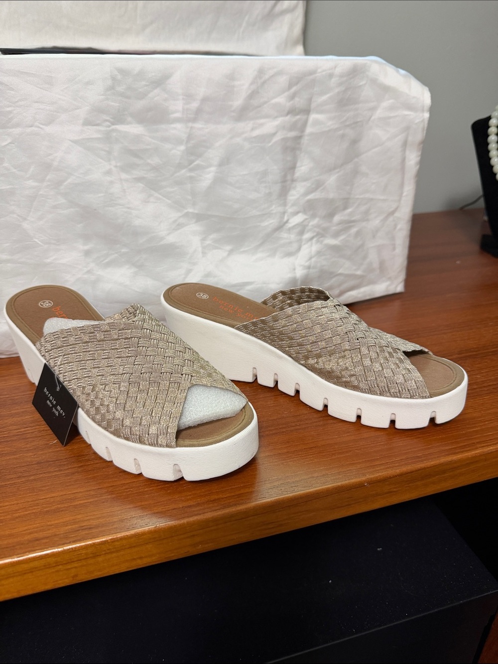 bernie mev. Woven Taupe Platform Slide Mules